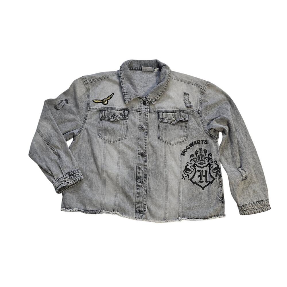 Harry Potter Hogwarts Quidditch Captain Distressed Denim Jacket Gray XXXL 21